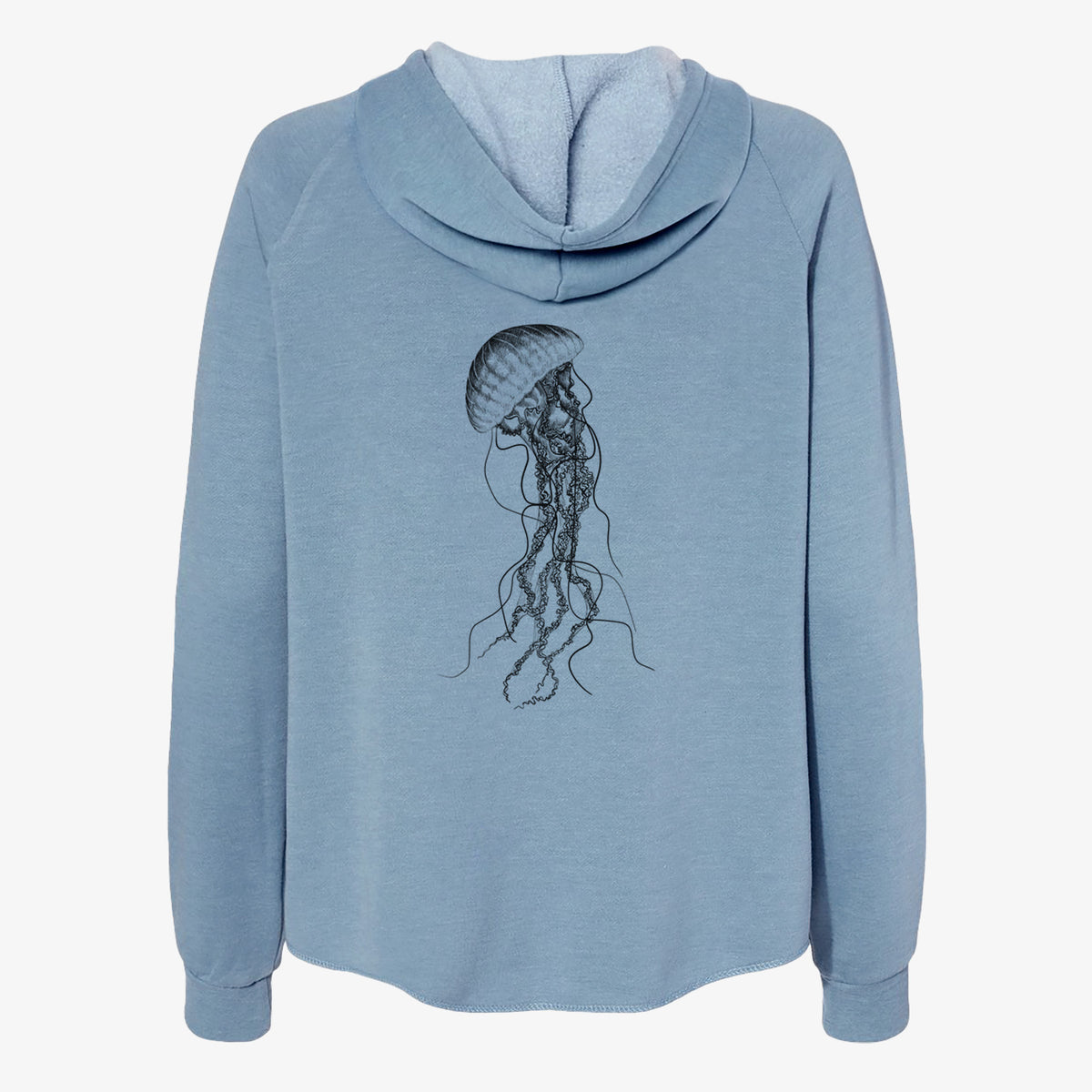 Misty blue women's Cali Wave zip-up sweatshirt laid flat, printed with a black ink illustration of a black sea nettle jellyfish with long trailing tentacles.