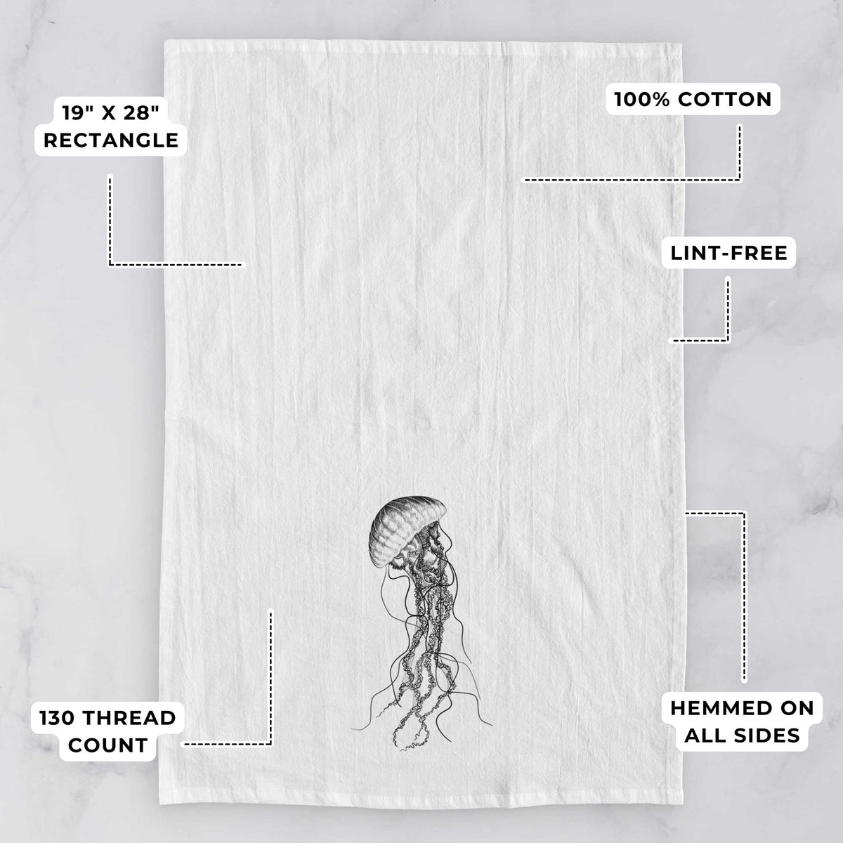 White tea towel printed with a black ink illustration of a black sea nettle jellyfish with long trailing tentacles, with feature labels: 19 by 28 inch rectangle, 100% cotton, lint-free, 130 thread count, hemmed on all sides.