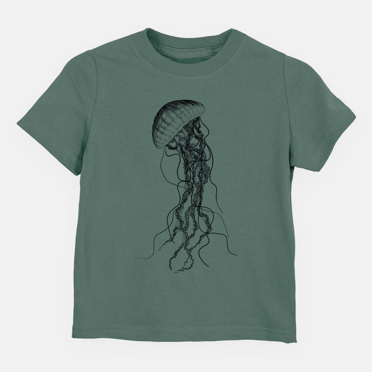 Basil green toddler t-shirt laid flat, printed with a black ink illustration of a black sea nettle jellyfish with long trailing tentacles.