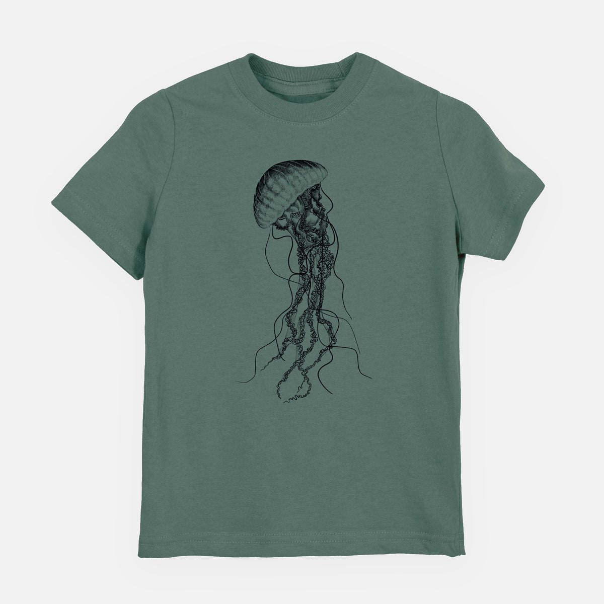 Basil green youth t-shirt laid flat, printed with a black ink illustration of a black sea nettle jellyfish with long trailing tentacles.