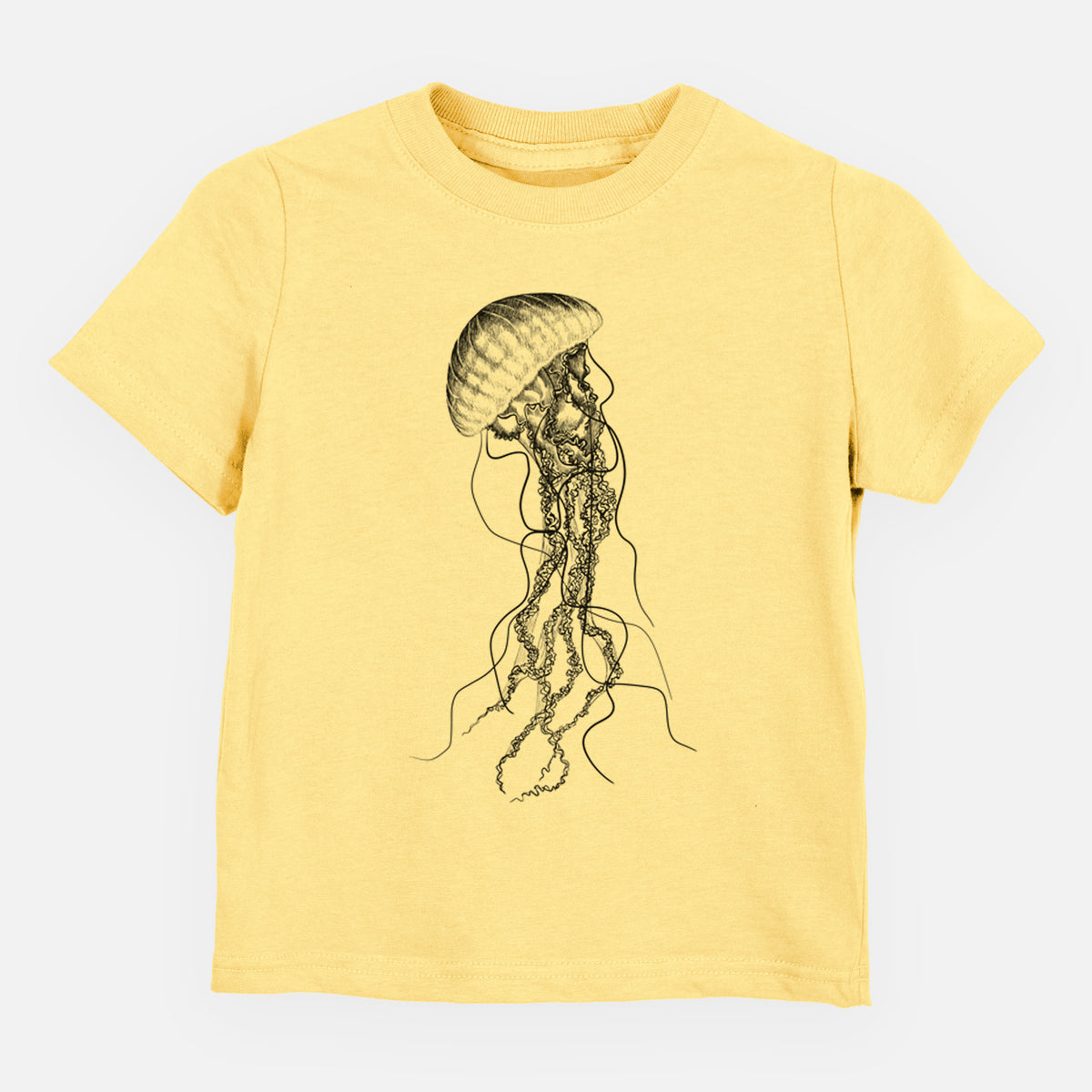 Butter yellow toddler t-shirt laid flat, printed with a black ink illustration of a black sea nettle jellyfish with long trailing tentacles.
