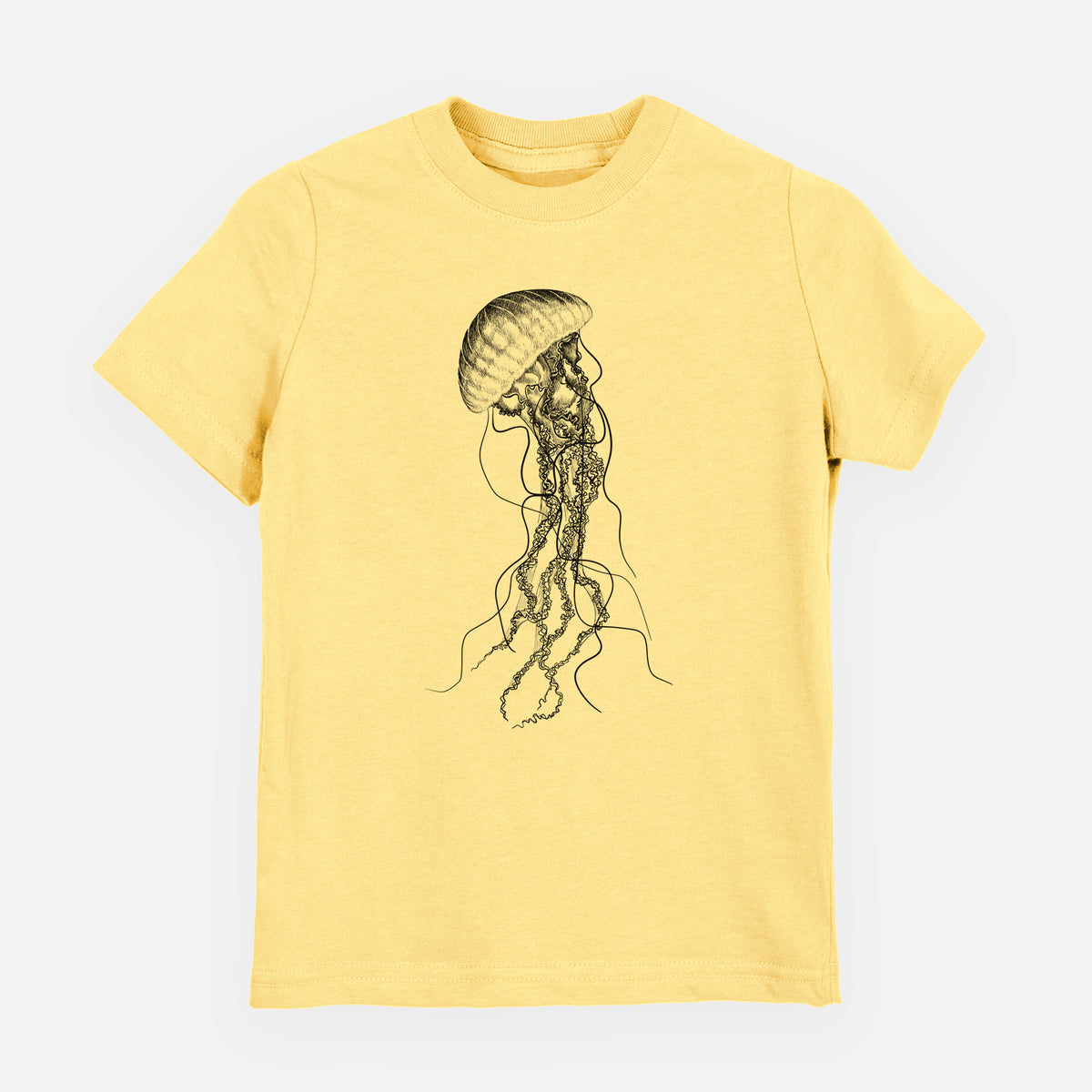 Butter yellow youth t-shirt laid flat, printed with a black ink illustration of a black sea nettle jellyfish with long trailing tentacles.