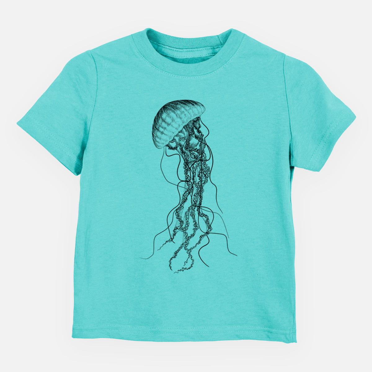 Caribbean blue toddler t-shirt laid flat, printed with a black ink illustration of a black sea nettle jellyfish with long trailing tentacles.