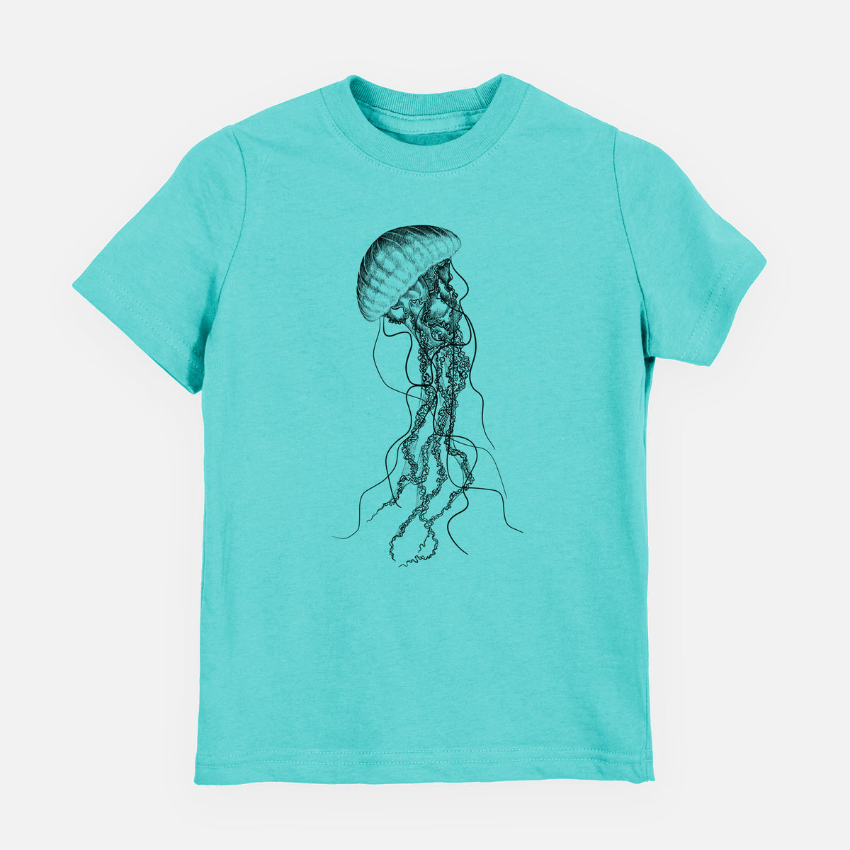Caribbean blue youth t-shirt laid flat, printed with a black ink illustration of a black sea nettle jellyfish with long trailing tentacles.