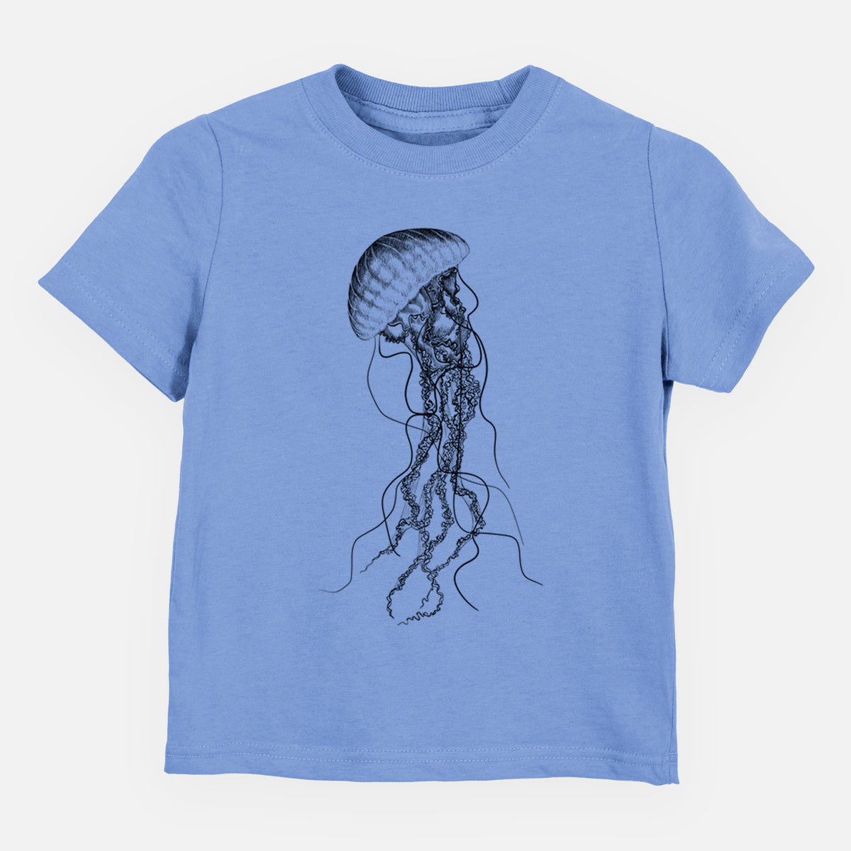 Carolina blue toddler t-shirt laid flat, printed with a black ink illustration of a black sea nettle jellyfish with long trailing tentacles.