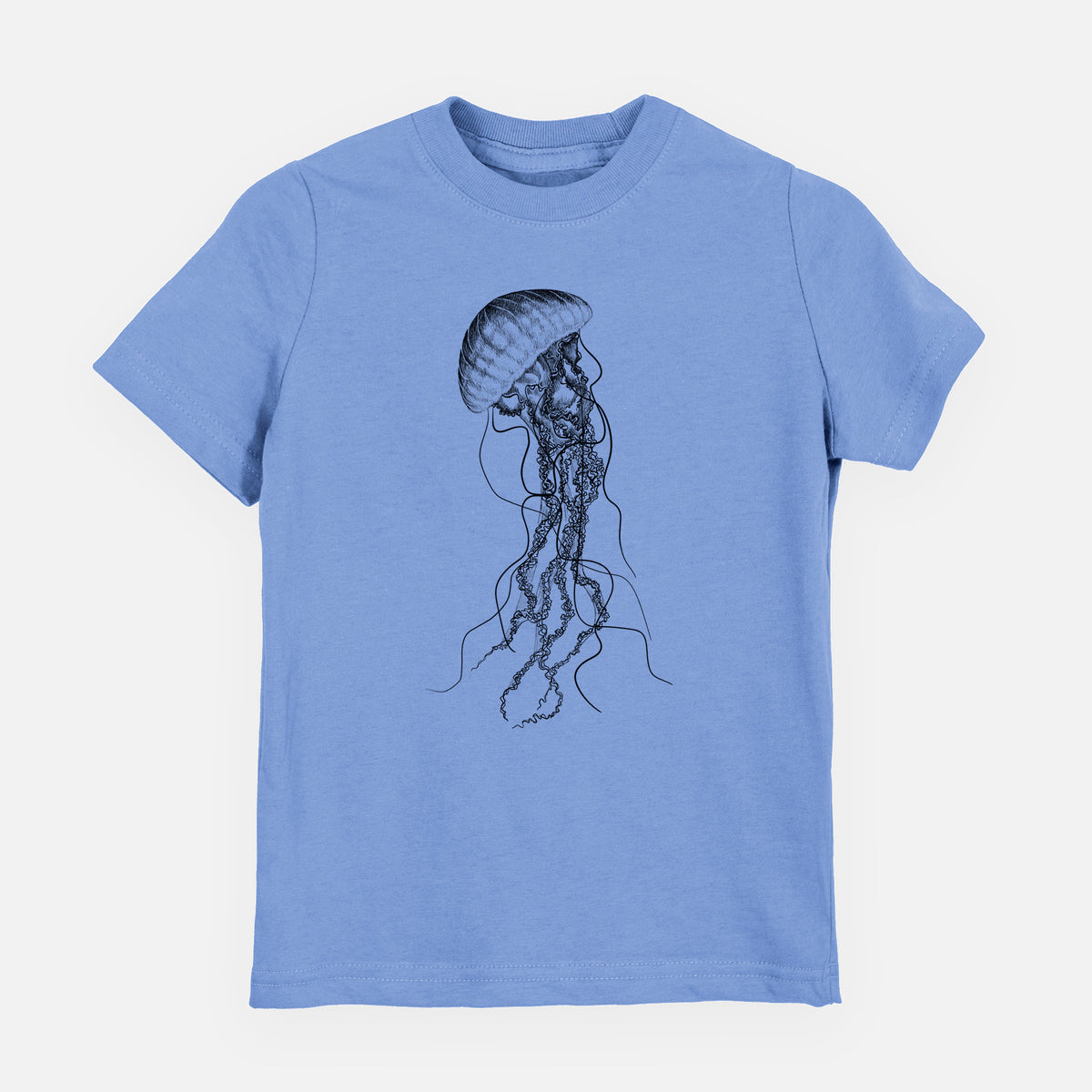 Carolina blue youth t-shirt laid flat, printed with a black ink illustration of a black sea nettle jellyfish with long trailing tentacles.