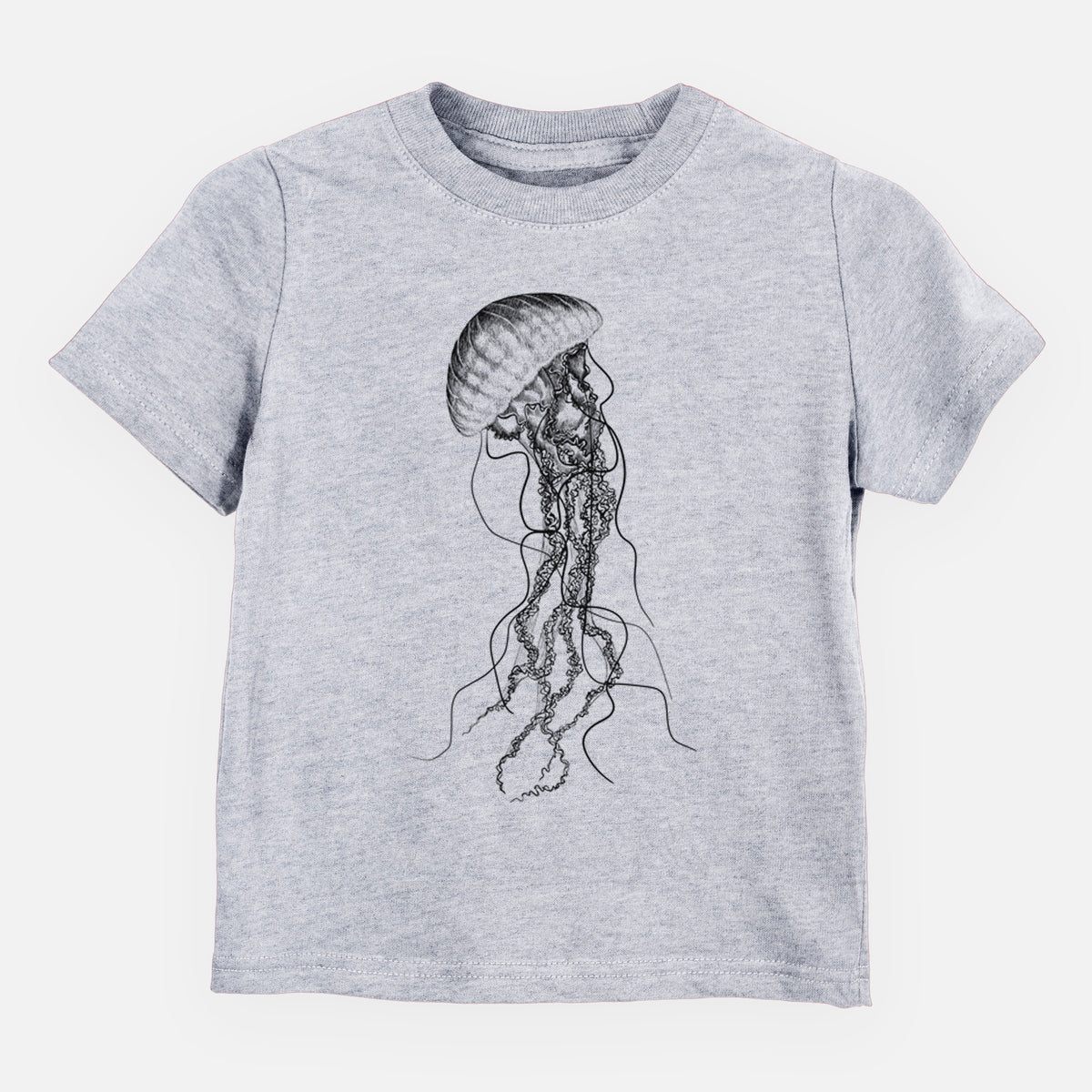 Heather grey toddler t-shirt laid flat, printed with a black ink illustration of a black sea nettle jellyfish with long trailing tentacles.