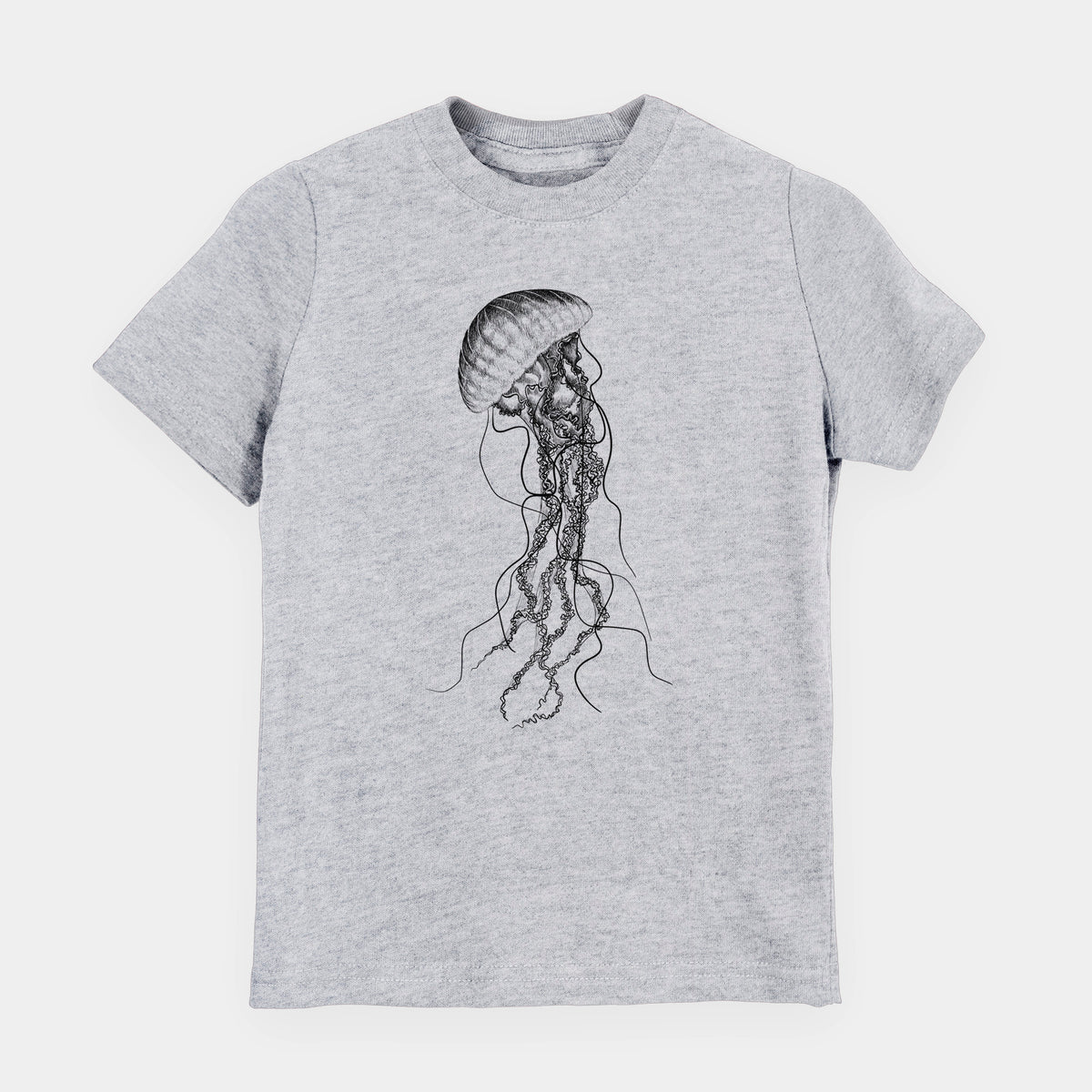 Heather grey youth t-shirt laid flat, printed with a black ink illustration of a black sea nettle jellyfish with long trailing tentacles.