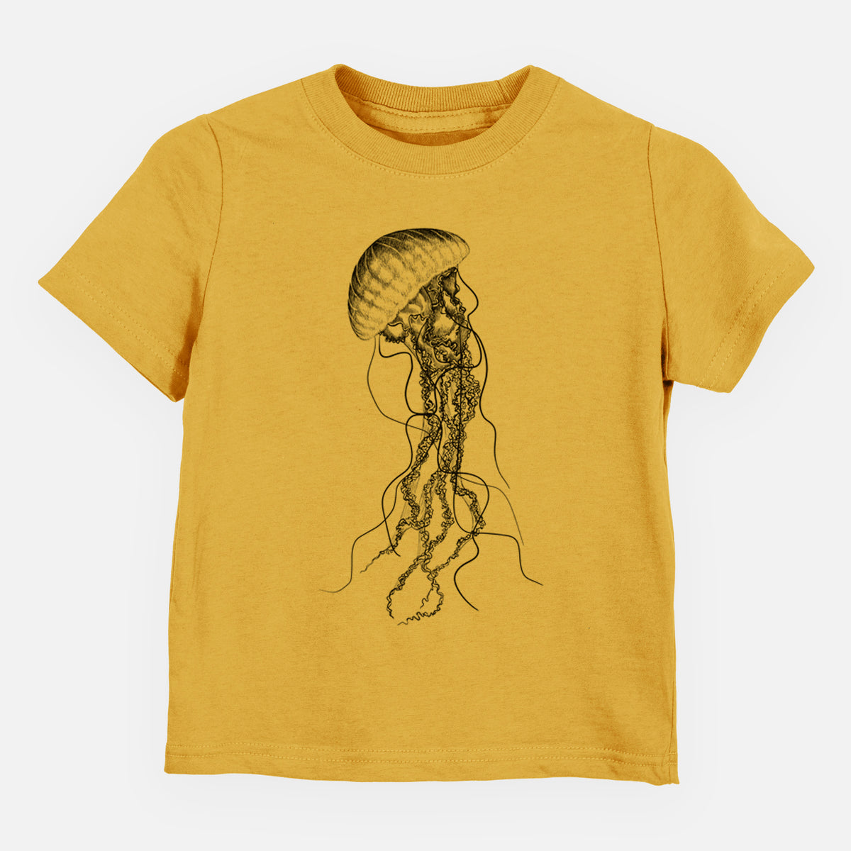 Honeycomb yellow toddler t-shirt laid flat, printed with a black ink illustration of a black sea nettle jellyfish with long trailing tentacles.