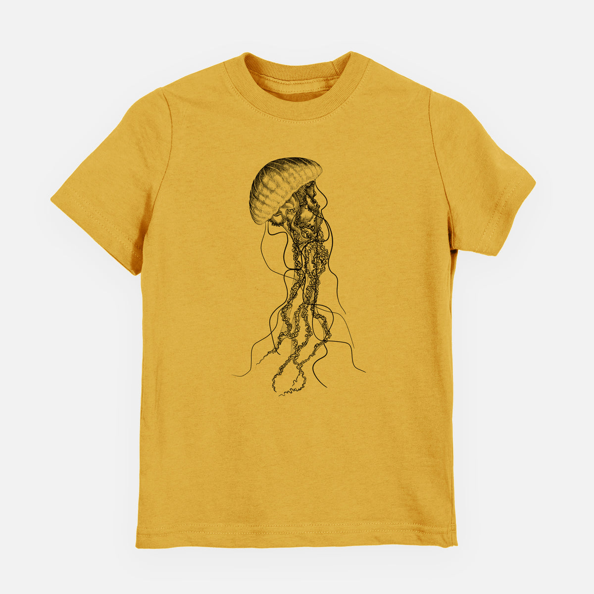 Honeycomb yellow youth t-shirt laid flat, printed with a black ink illustration of a black sea nettle jellyfish with long trailing tentacles.