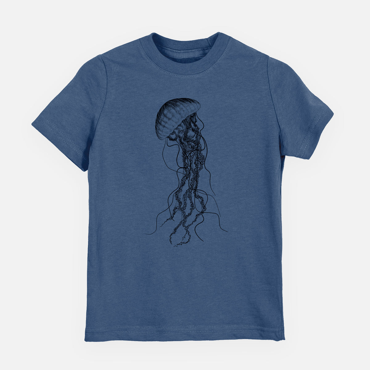 Indigo blue youth t-shirt laid flat, printed with a black ink illustration of a black sea nettle jellyfish with long trailing tentacles.