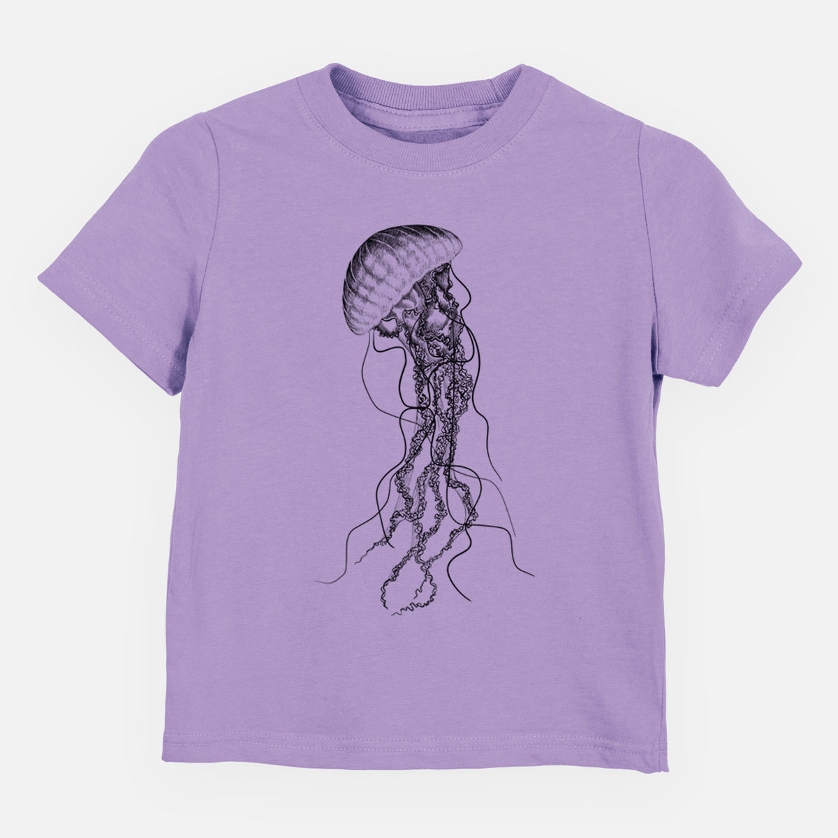 Lavender toddler t-shirt laid flat, printed with a black ink illustration of a black sea nettle jellyfish with long trailing tentacles.