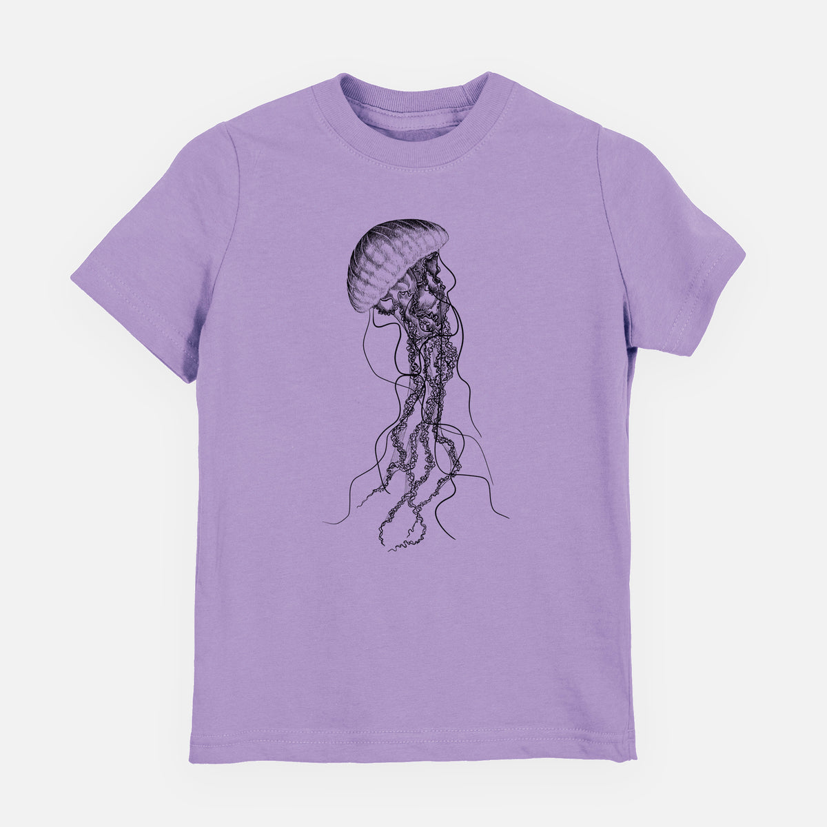 Lavender youth t-shirt laid flat, printed with a black ink illustration of a black sea nettle jellyfish with long trailing tentacles.