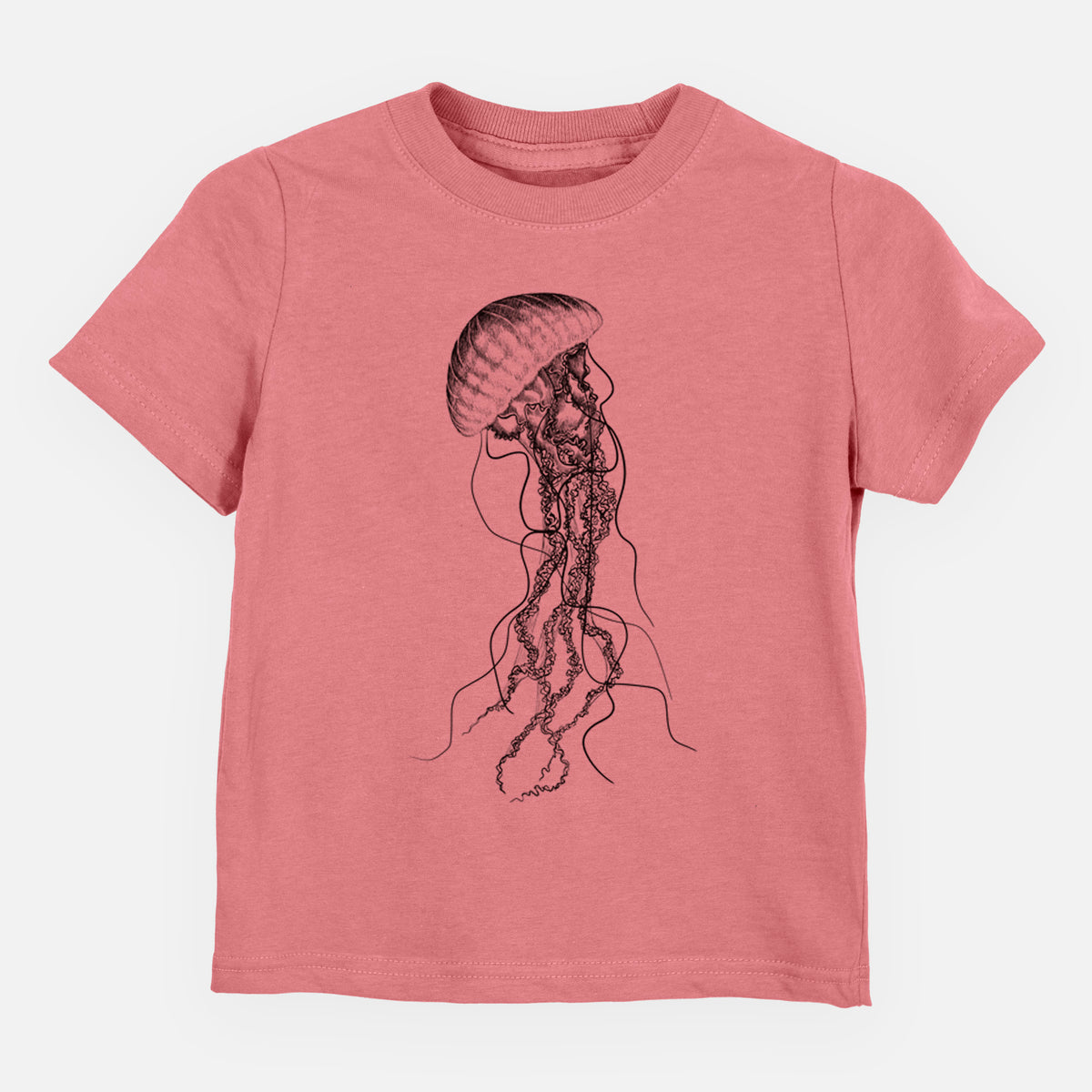 Mauve pink toddler t-shirt laid flat, printed with a black ink illustration of a black sea nettle jellyfish with long trailing tentacles.