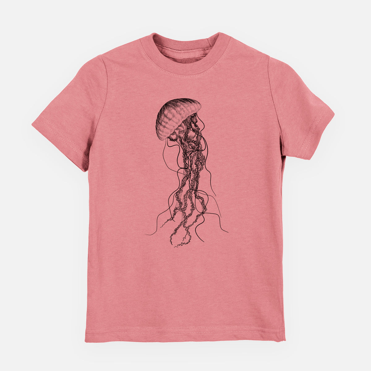 Mauve pink youth t-shirt laid flat, printed with a black ink illustration of a black sea nettle jellyfish with long trailing tentacles.