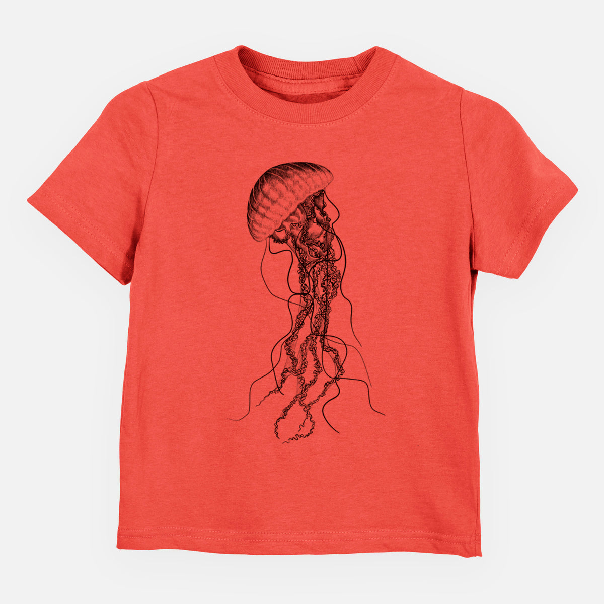 Passionfruit pink toddler t-shirt laid flat, printed with a black ink illustration of a black sea nettle jellyfish with long trailing tentacles.