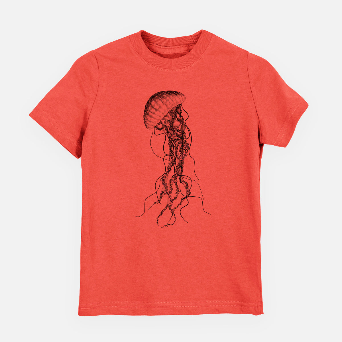 Passionfruit pink youth t-shirt laid flat, printed with a black ink illustration of a black sea nettle jellyfish with long trailing tentacles.
