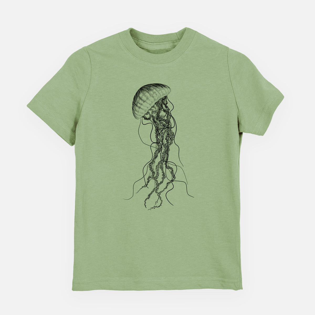 Sage green youth t-shirt laid flat, printed with a black ink illustration of a black sea nettle jellyfish with long trailing tentacles.