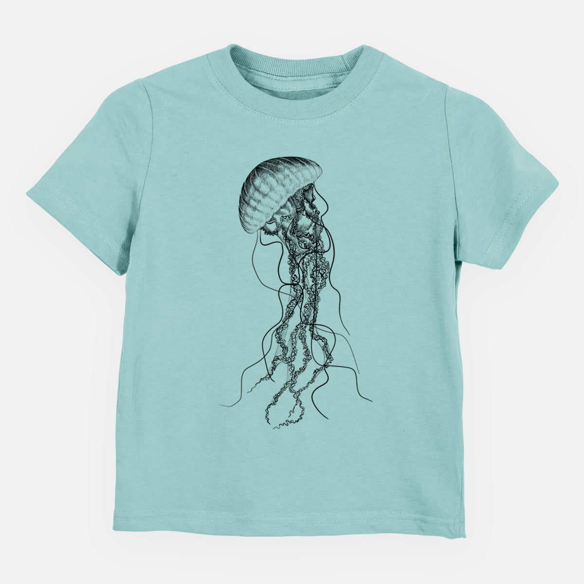 Saltwater toddler t-shirt laid flat, printed with a black ink illustration of a black sea nettle jellyfish with long trailing tentacles.