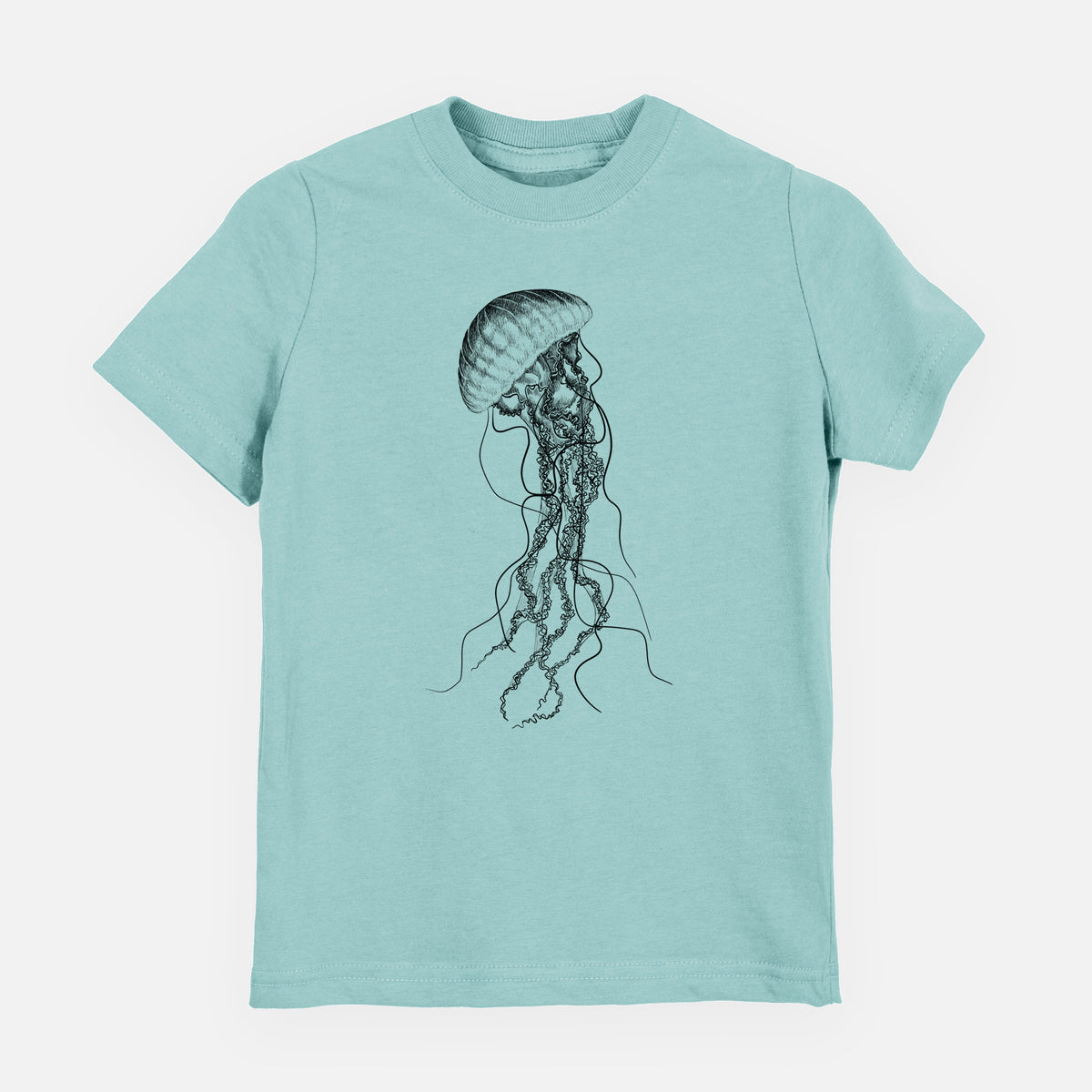 Saltwater youth t-shirt laid flat, printed with a black ink illustration of a black sea nettle jellyfish with long trailing tentacles.
