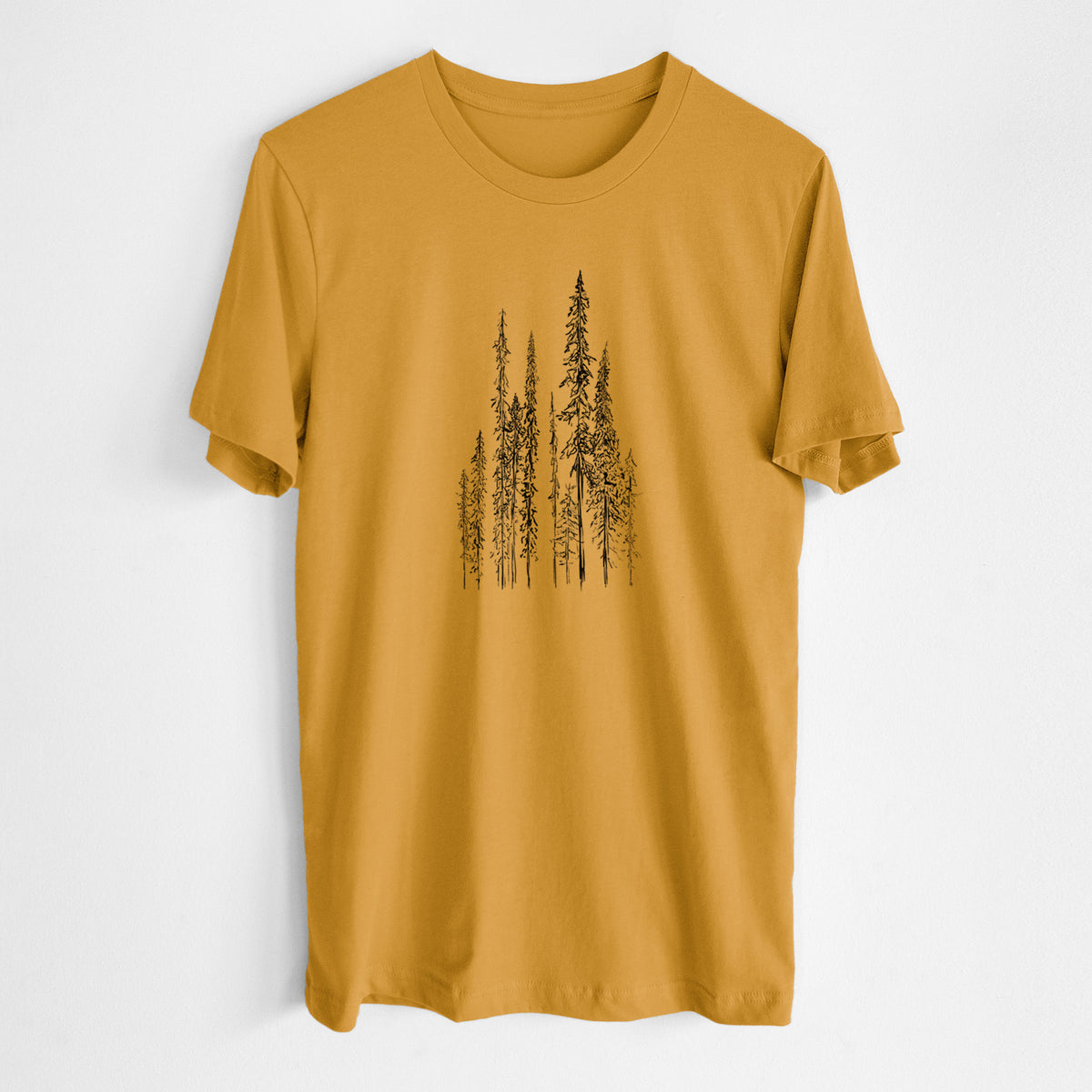 Honeycomb yellow lightweight cotton t-shirt laid flat, printed with a black ink illustration of a stand of tall, narrow black spruce trees.