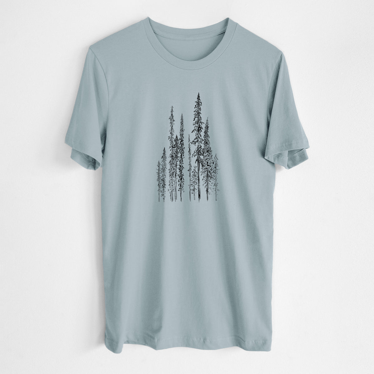 Vintage denim lightweight cotton t-shirt laid flat, printed with a black ink illustration of a stand of tall, narrow black spruce trees.