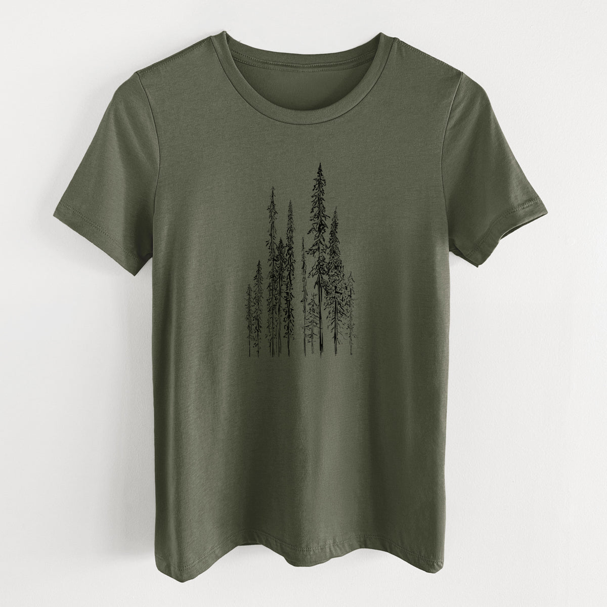 Military green women's relaxed fit cotton t-shirt laid flat, printed with a black ink illustration of a stand of tall, narrow black spruce trees.