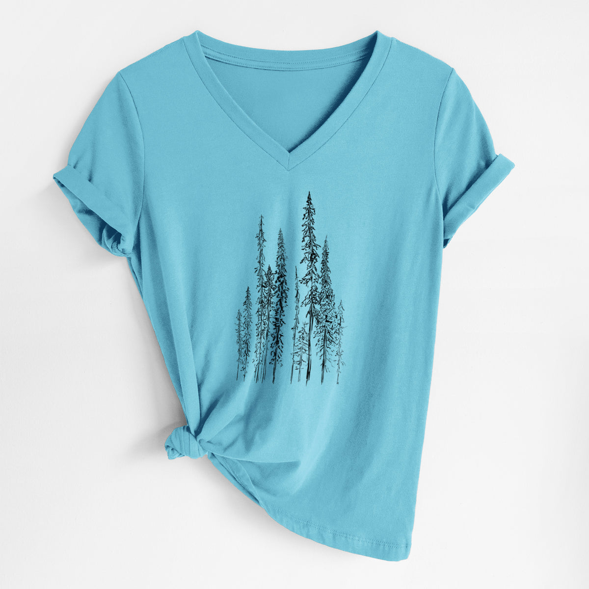 Turquoise women's relaxed fit cotton V-neck t-shirt laid flat, printed with a black ink illustration of a stand of tall, narrow black spruce trees.