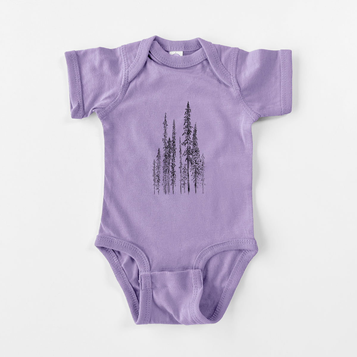 Lavender baby bodysuit laid flat, printed with a black ink illustration of a stand of tall, narrow black spruce trees.