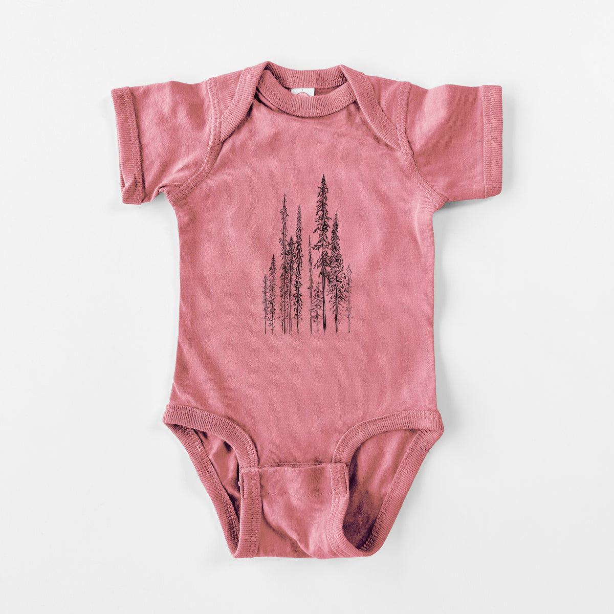 Mauve pink baby bodysuit laid flat, printed with a black ink illustration of a stand of tall, narrow black spruce trees.