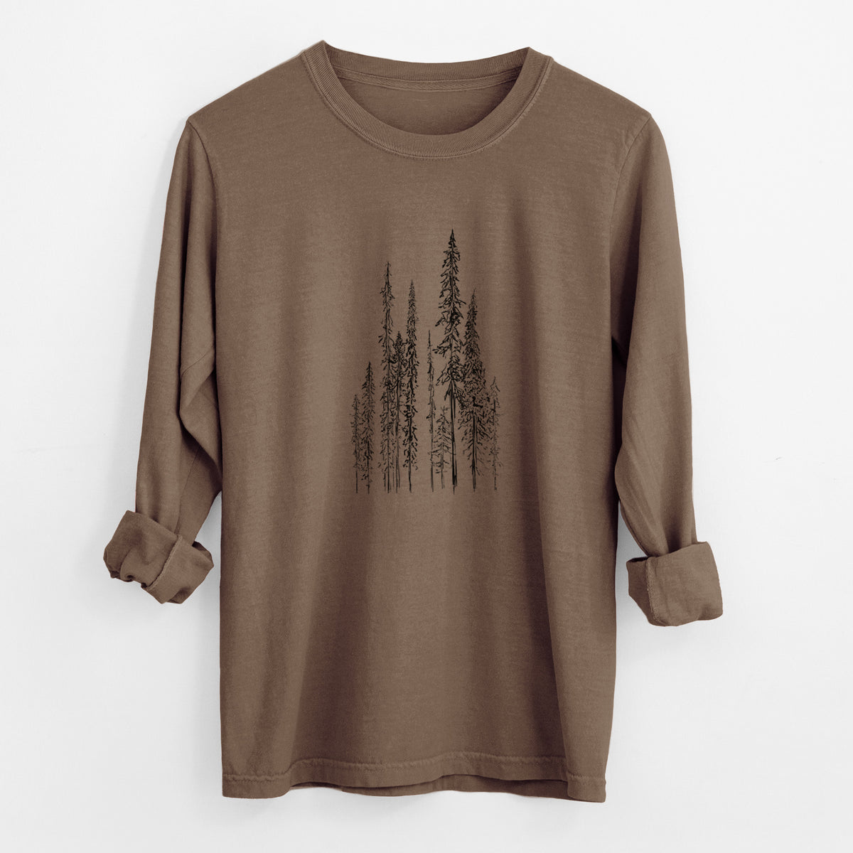 Espresso brown Comfort Colors long sleeve shirt laid flat with the cuffs rolled, printed with a black ink illustration of a stand of tall, narrow black spruce trees.