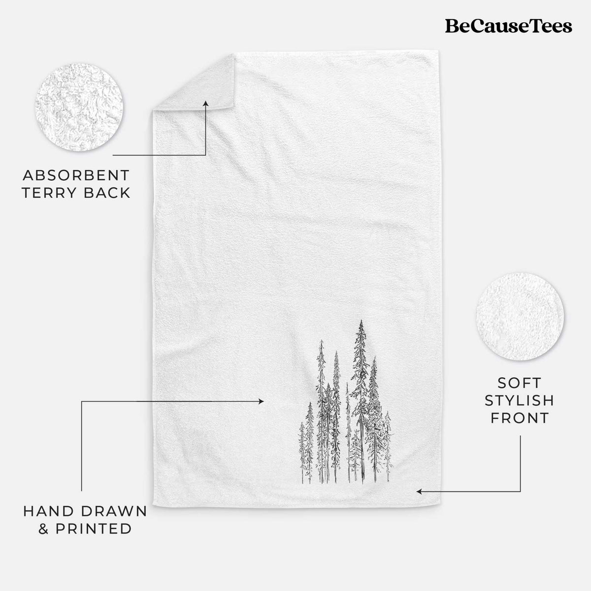 White hand towel printed with a black ink illustration of a stand of tall, narrow black spruce trees.