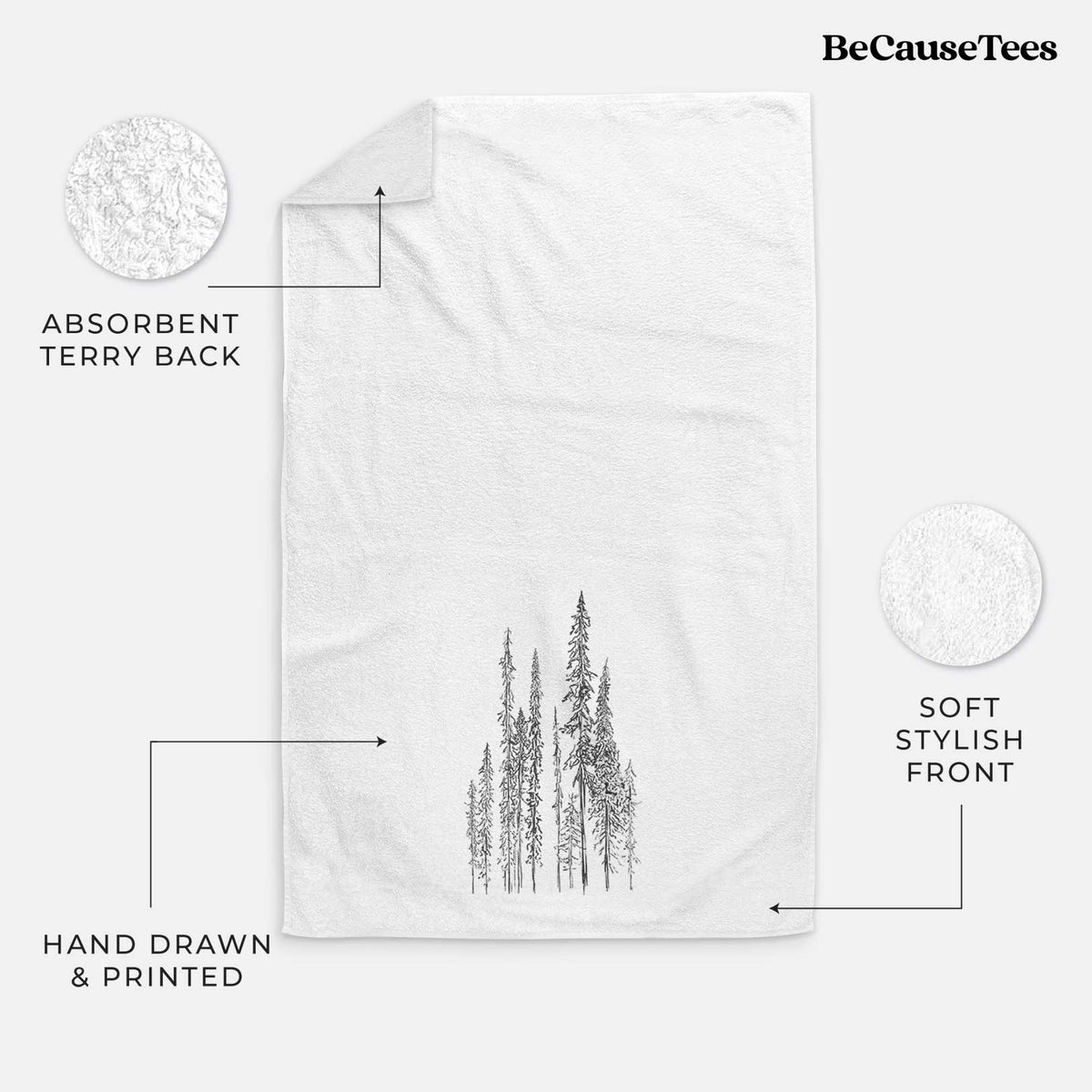 White hand towel printed with a black ink illustration of a stand of tall, narrow black spruce trees.