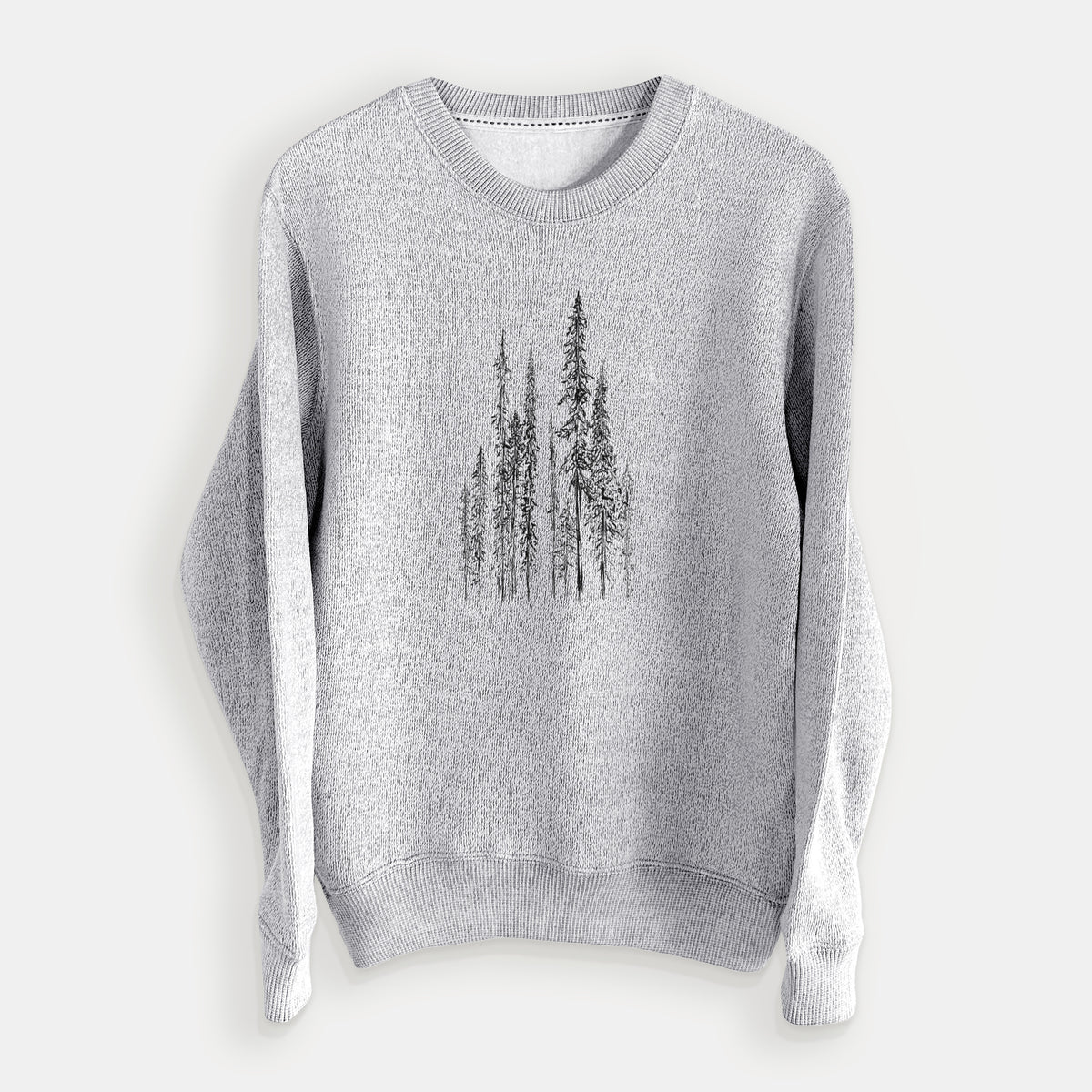 Salt and pepper knit sweatshirt laid flat, printed with a black ink illustration of a stand of tall, narrow black spruce trees.