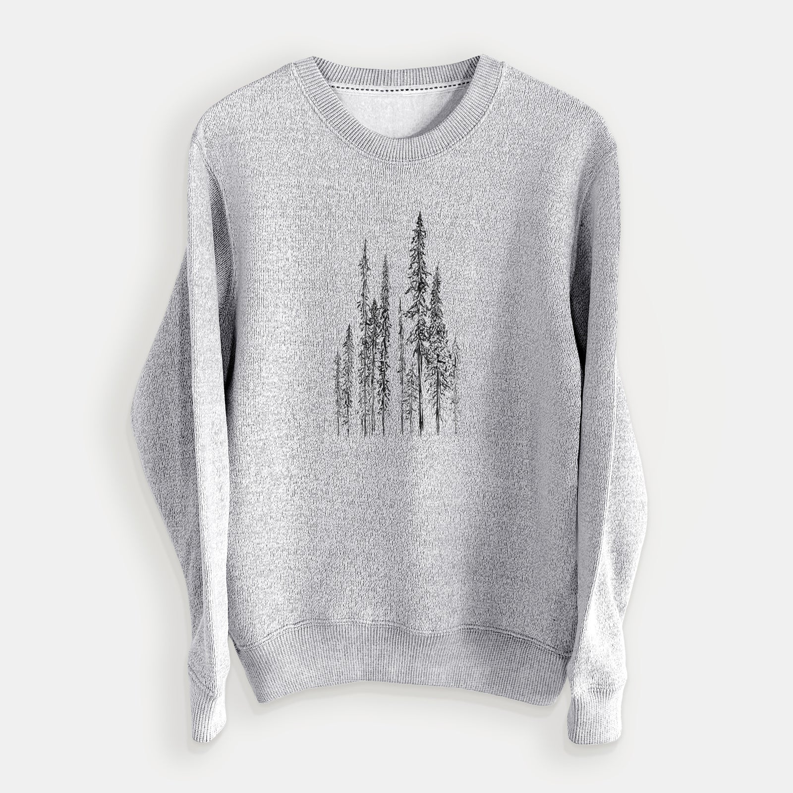 Salt and pepper knit sweatshirt laid flat, printed with a black ink illustration of a stand of tall, narrow black spruce trees.