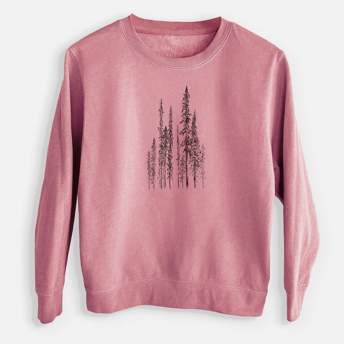 Mauve pink youth crewneck sweatshirt laid flat, printed with a black ink illustration of a stand of tall, narrow black spruce trees.