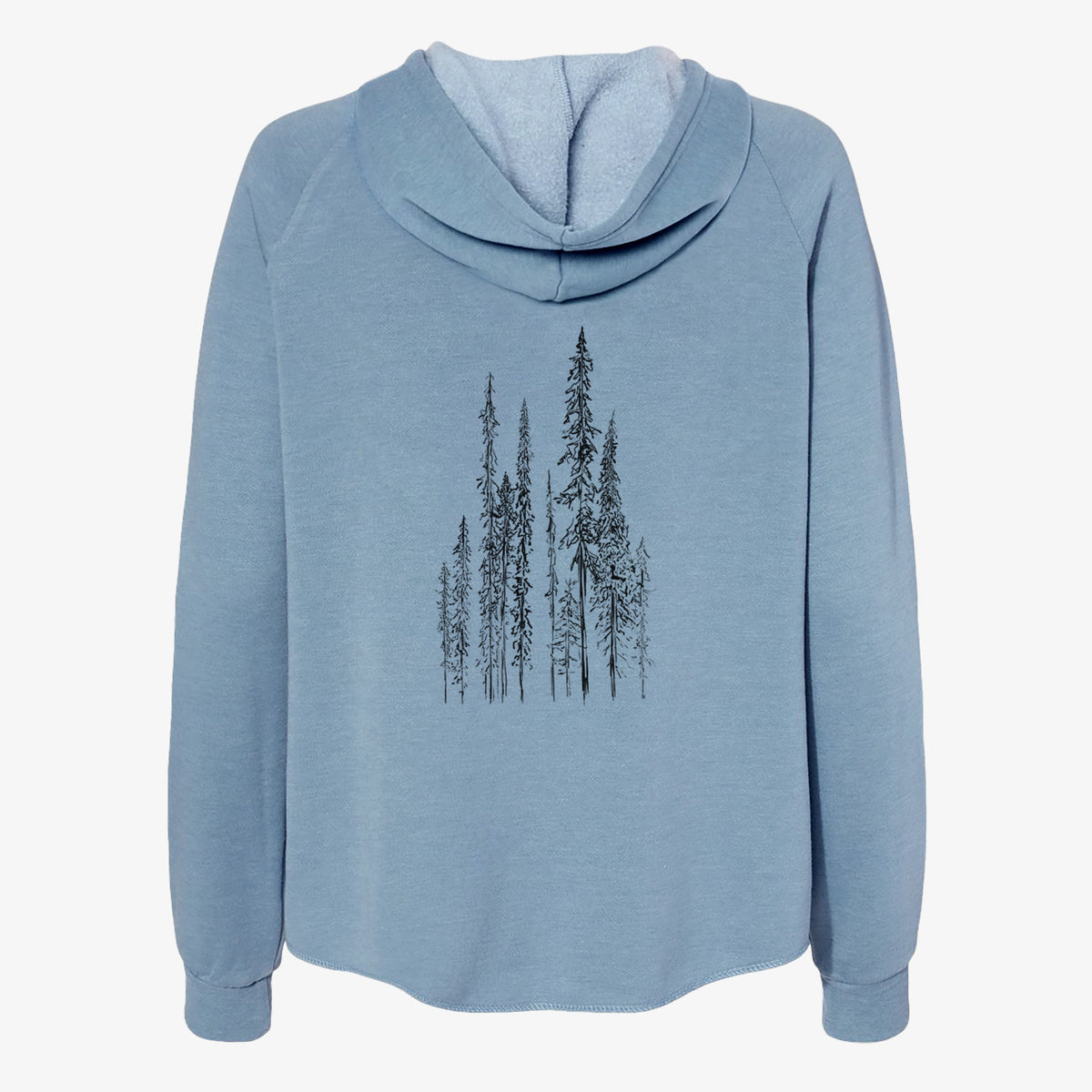 Misty blue women's Cali Wave zip-up sweatshirt laid flat, printed with a black ink illustration of a stand of tall, narrow black spruce trees.