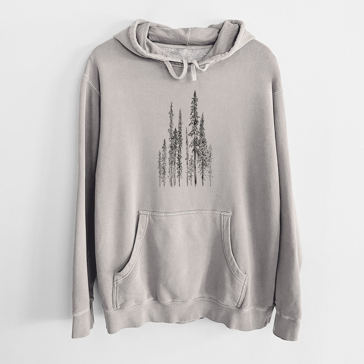 Cement grey pigment dyed hoodie laid flat, printed with a black ink illustration of a stand of tall, narrow black spruce trees.