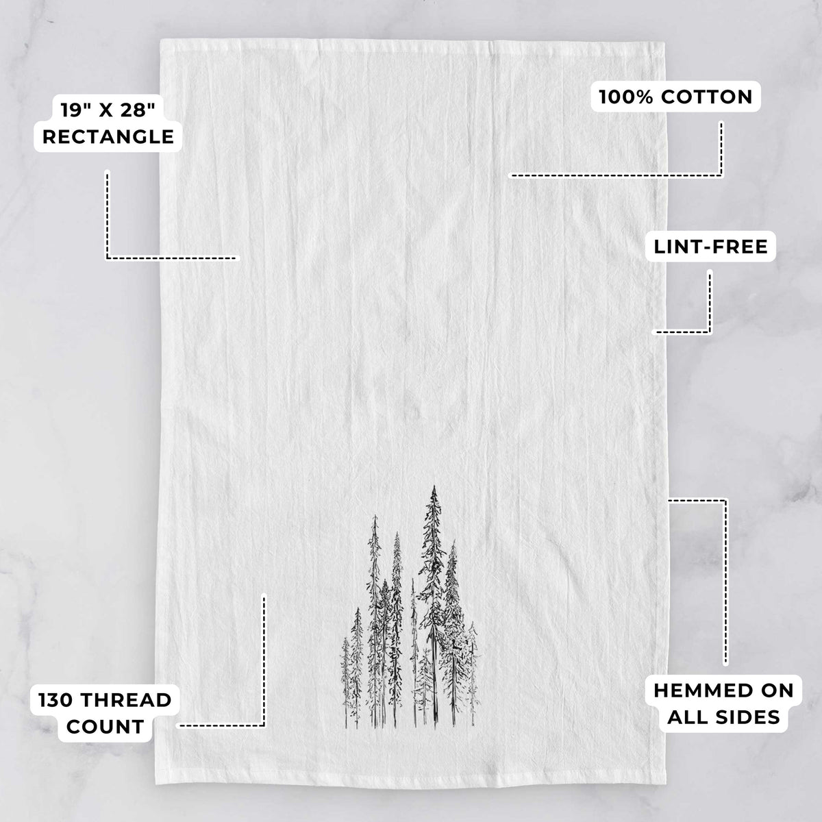 White tea towel printed with a black ink illustration of a stand of tall, narrow black spruce trees, with feature labels: 19 by 28 inch rectangle, 100% cotton, lint-free, 130 thread count, hemmed on all sides.