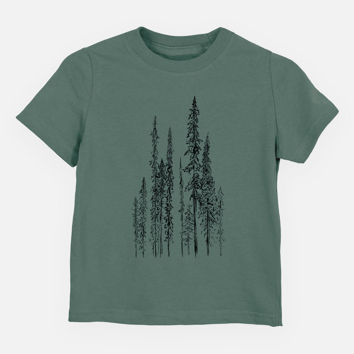 Basil green toddler t-shirt laid flat, printed with a black ink illustration of a stand of tall, narrow black spruce trees.
