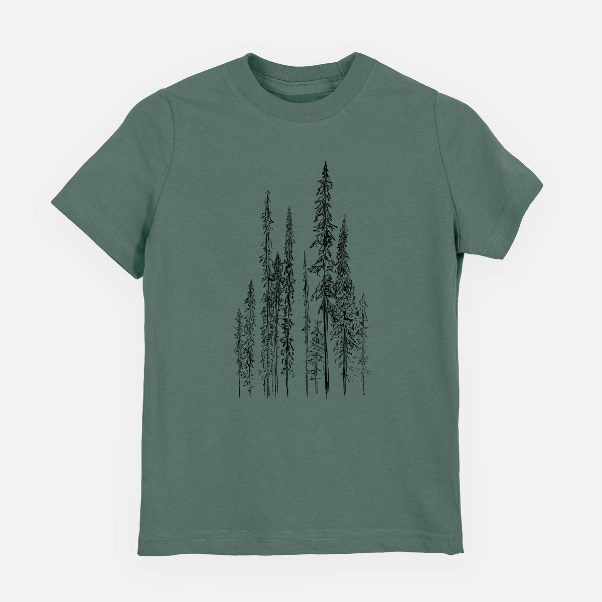 Basil green youth t-shirt laid flat, printed with a black ink illustration of a stand of tall, narrow black spruce trees.