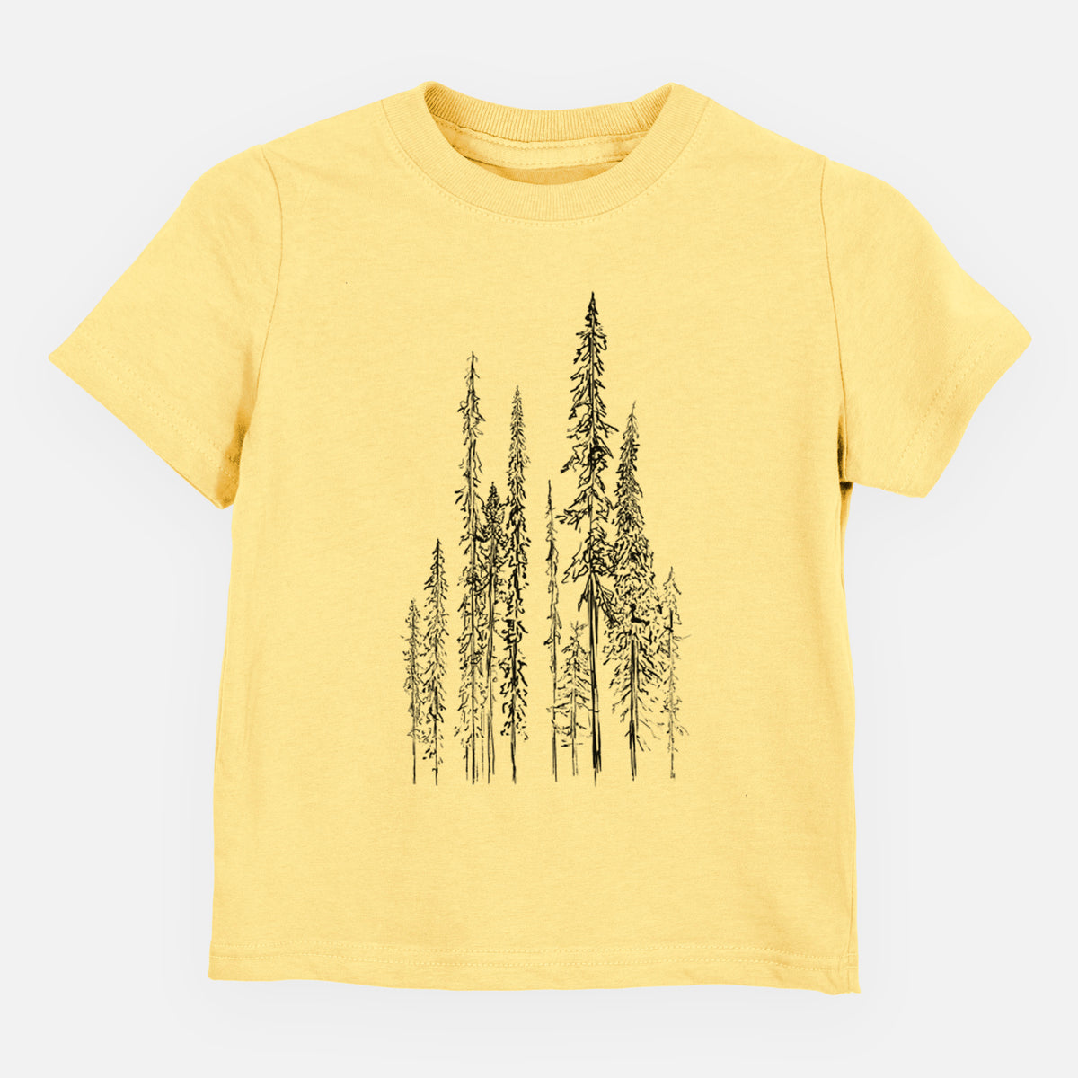 Butter yellow toddler t-shirt laid flat, printed with a black ink illustration of a stand of tall, narrow black spruce trees.