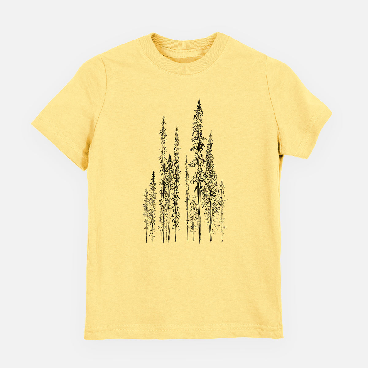 Butter yellow youth t-shirt laid flat, printed with a black ink illustration of a stand of tall, narrow black spruce trees.