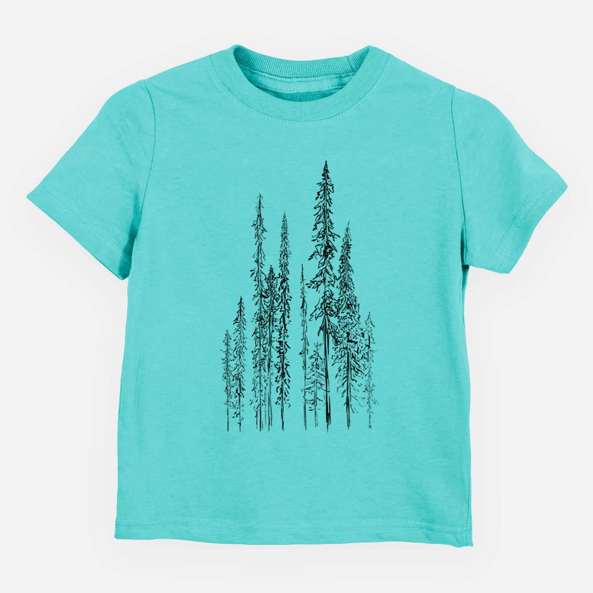 Caribbean blue toddler t-shirt laid flat, printed with a black ink illustration of a stand of tall, narrow black spruce trees.