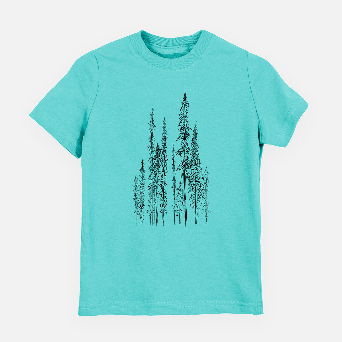 Caribbean blue youth t-shirt laid flat, printed with a black ink illustration of a stand of tall, narrow black spruce trees.