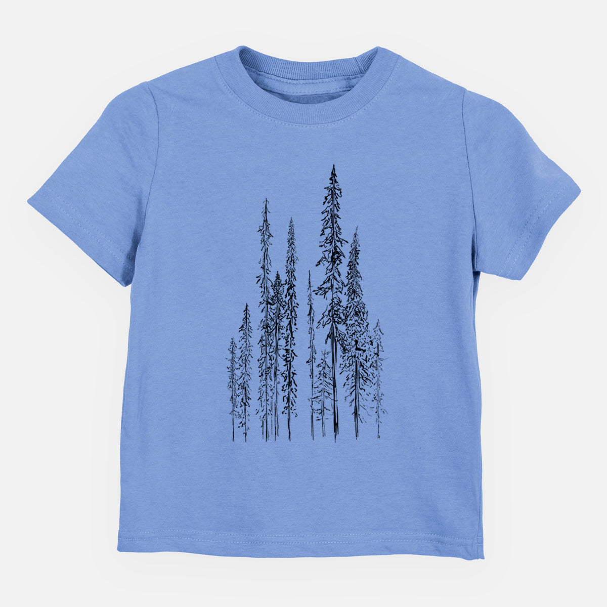 Carolina blue toddler t-shirt laid flat, printed with a black ink illustration of a stand of tall, narrow black spruce trees.
