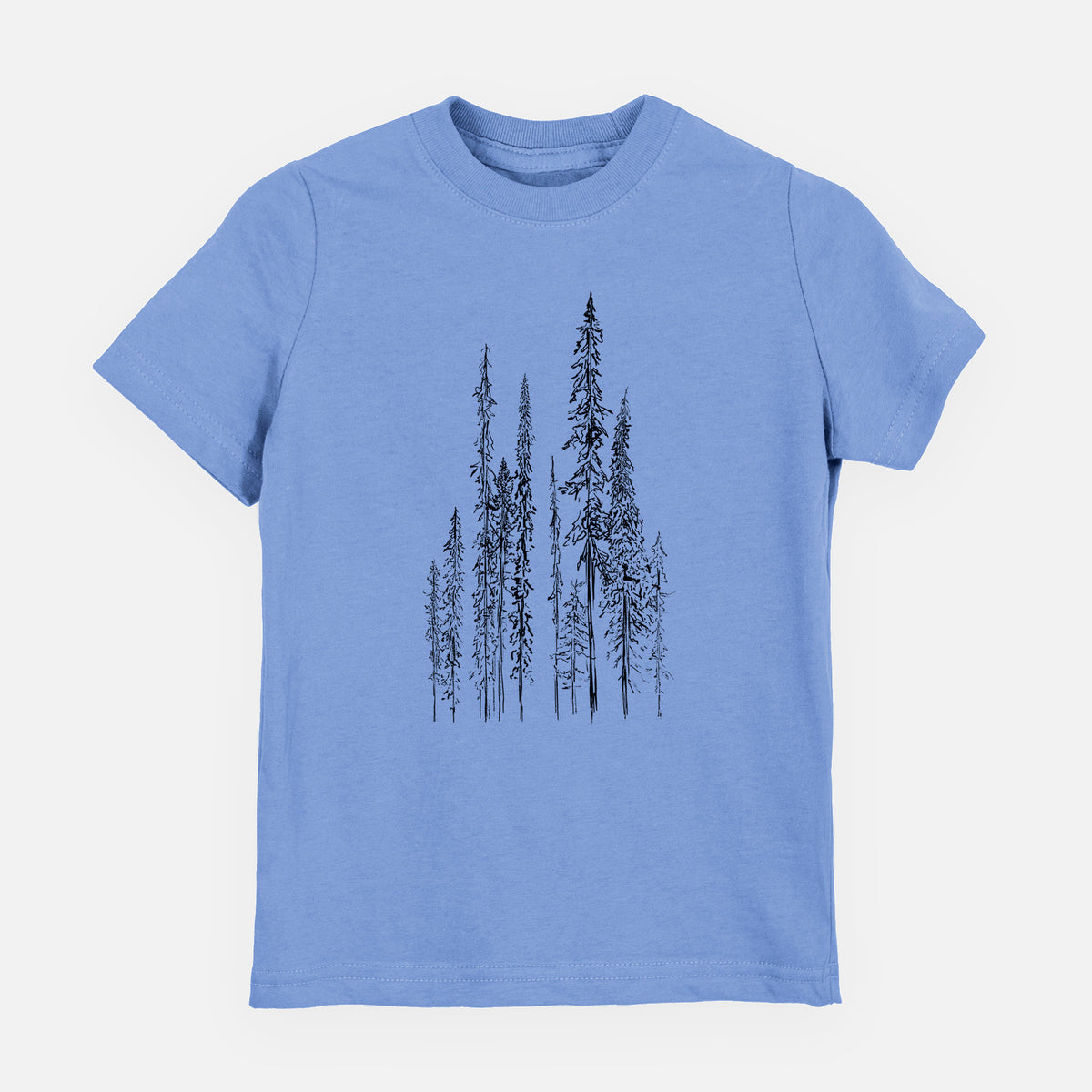 Carolina blue youth t-shirt laid flat, printed with a black ink illustration of a stand of tall, narrow black spruce trees.