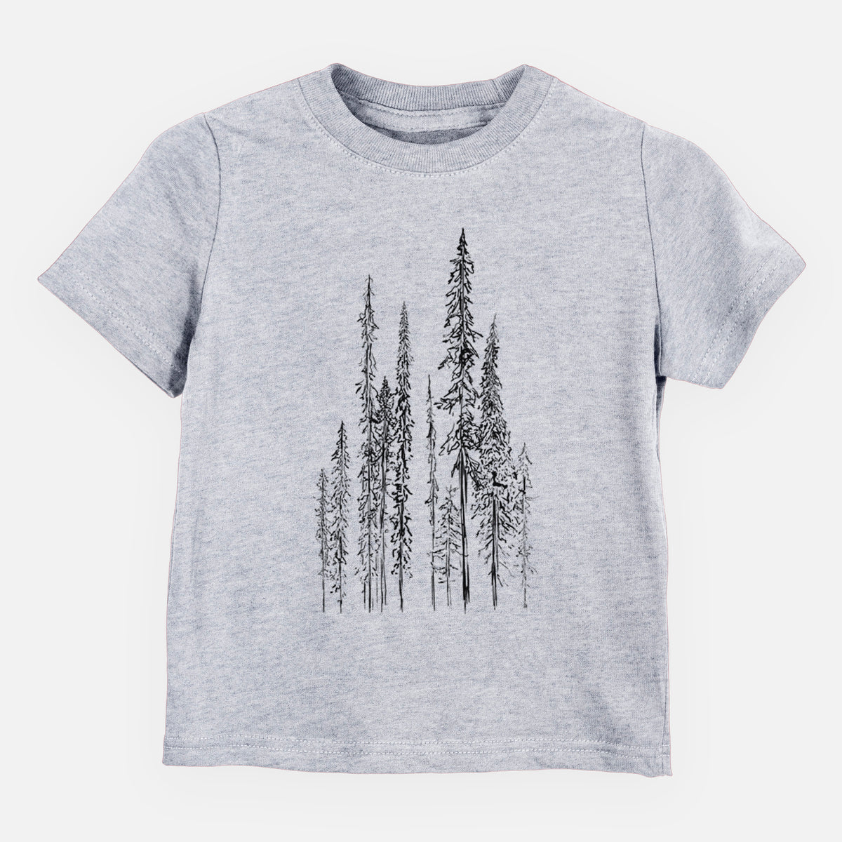 Heather grey toddler t-shirt laid flat, printed with a black ink illustration of a stand of tall, narrow black spruce trees.
