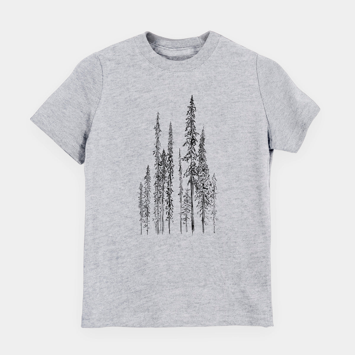 Heather grey youth t-shirt laid flat, printed with a black ink illustration of a stand of tall, narrow black spruce trees.