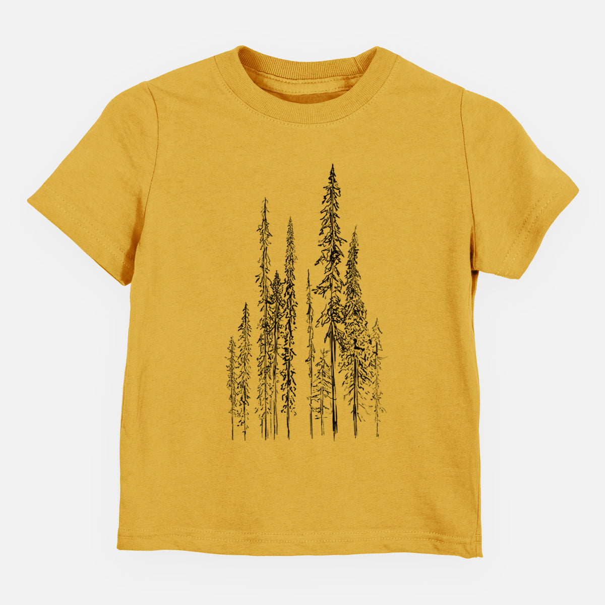 Honeycomb yellow toddler t-shirt laid flat, printed with a black ink illustration of a stand of tall, narrow black spruce trees.